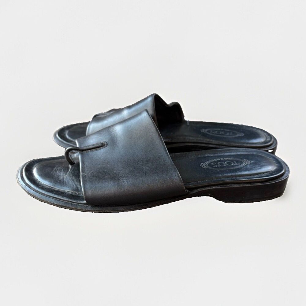 Tods Black Leather Toe Loop Slide Sandals Womens Size 8 Flat Flip Flops Italy
